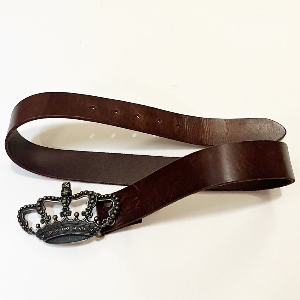 Cabi Brown Wide Leather Belt w/ Brass Crown Buckle. Size (30"-34"). - Picture 2 of 11